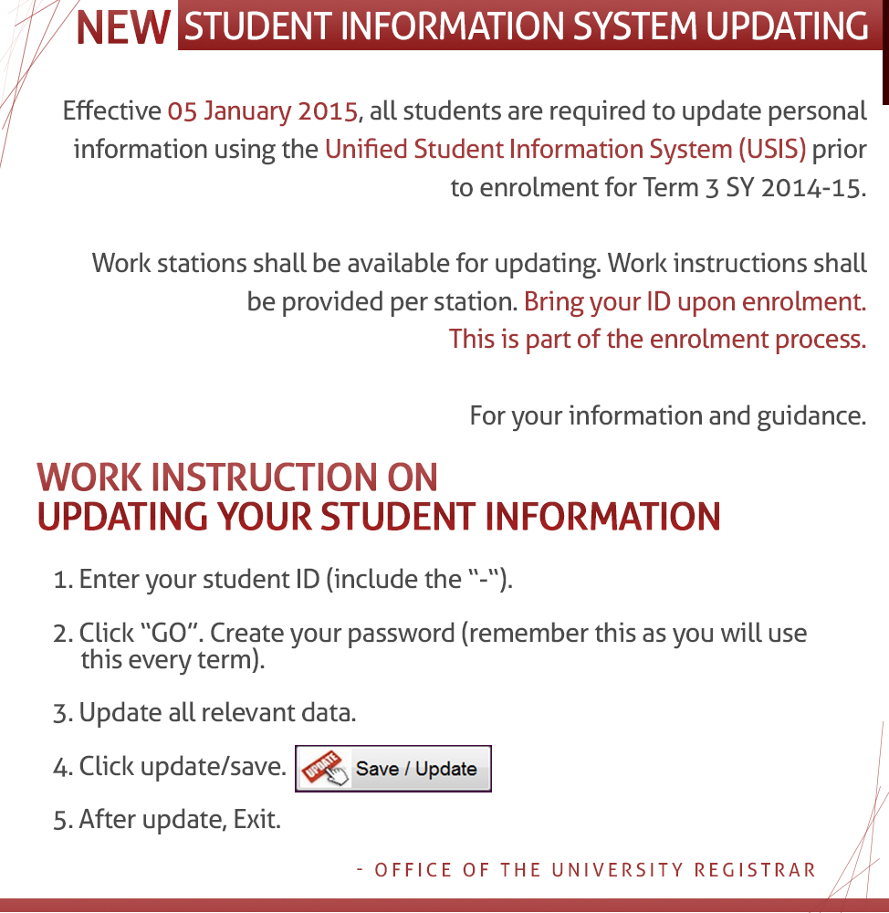 Foreign University International School Manila Philippines - New Student Information System Updating